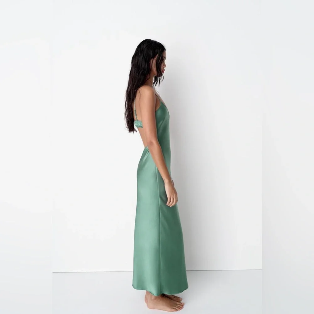 Zara Emerald Green Maxi Dress Satin Slip Wedding Evening Party - Picture 9 of 13
